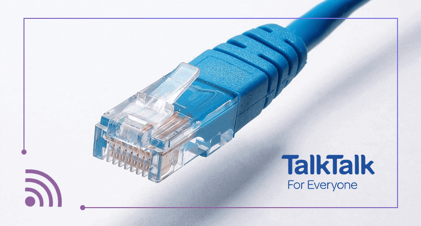 Blue ethernet cable next to Talktalk logo